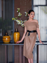 Pleated silk midi dress with batwing sleeves and waist-defining belt for elegant daywear